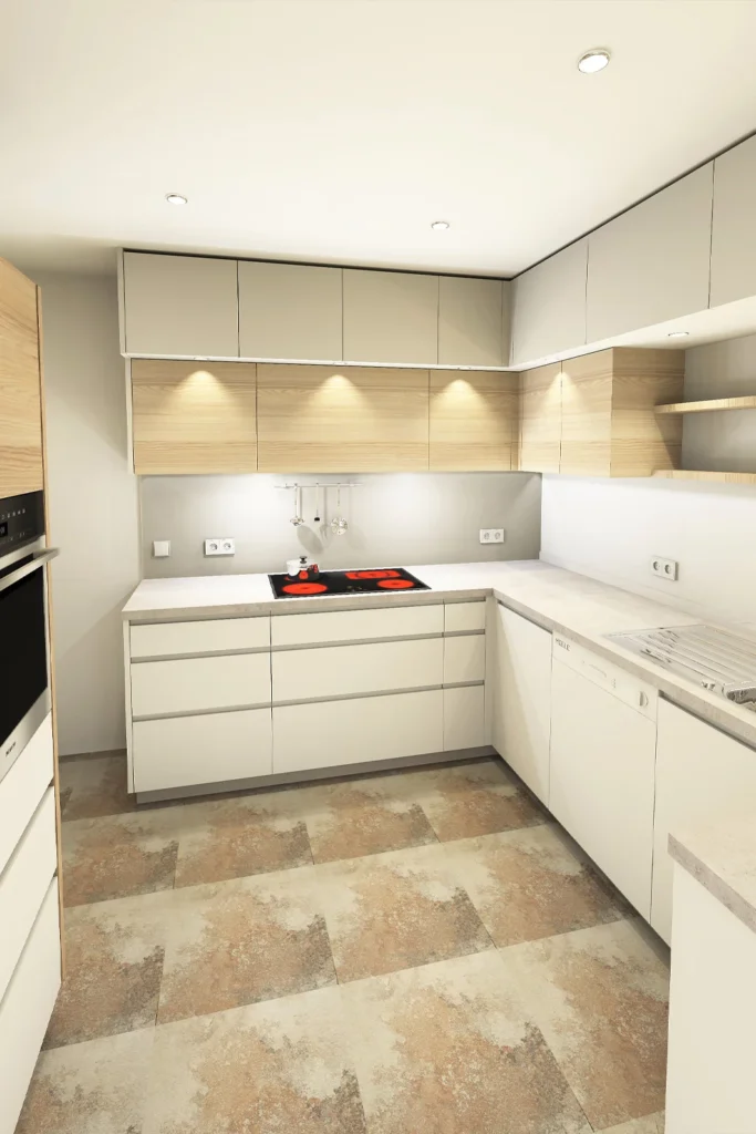 Küche weiß lackiert mit Esche furniert und geölt