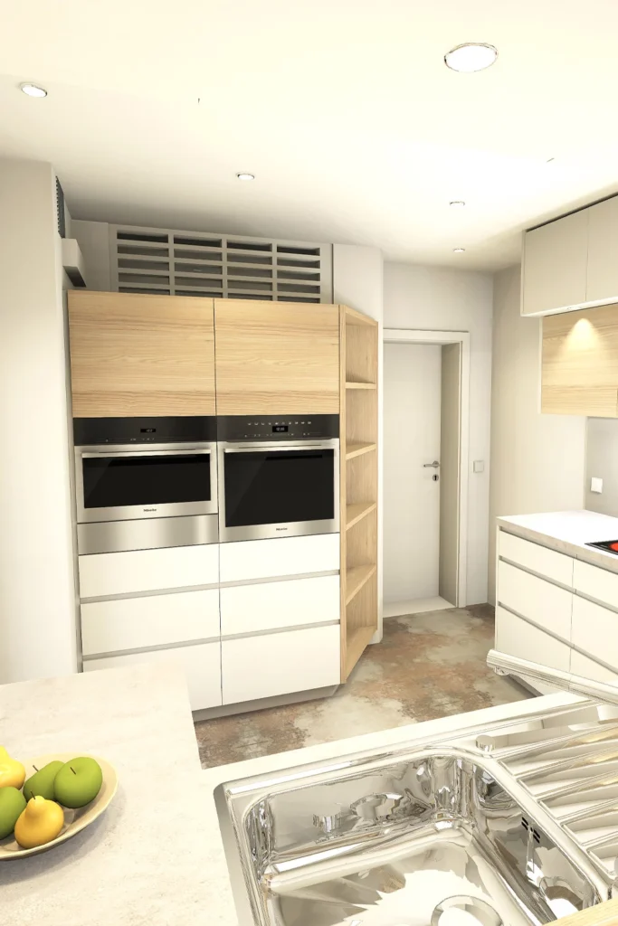 Küche weiß lackiert mit Esche furniert und geölt